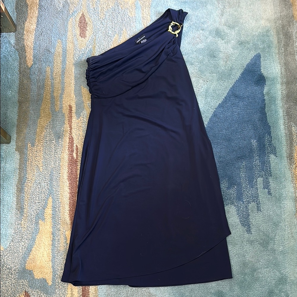 Moda International Blue and Gold Asymmetrical Ruched Midi Dress